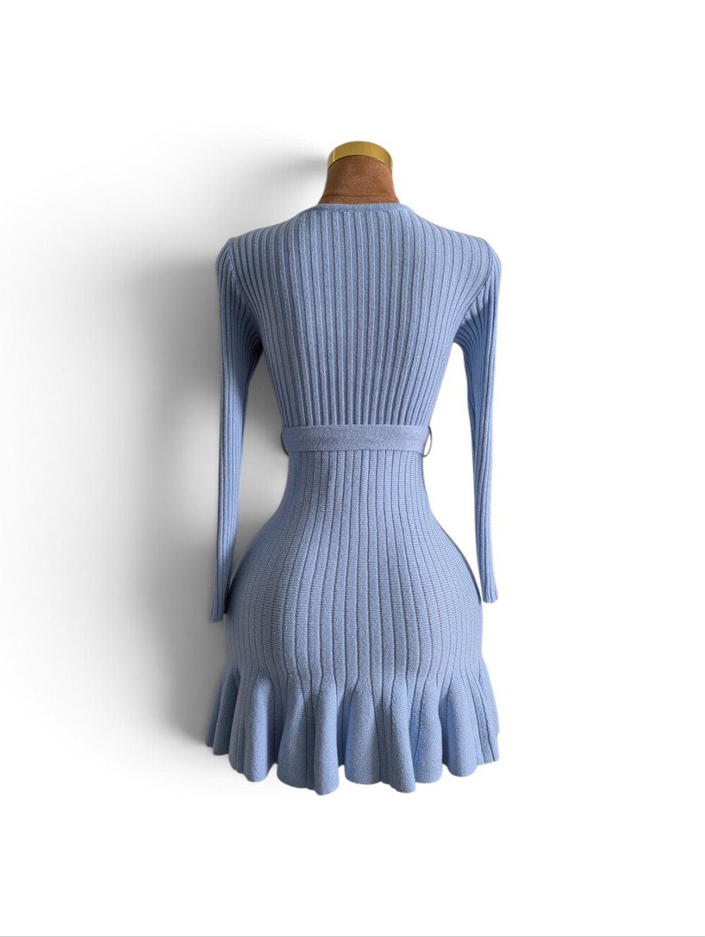 Light Blue Wrap Rib-Knit Mini Ruffle Dress - Picture 3 of 6